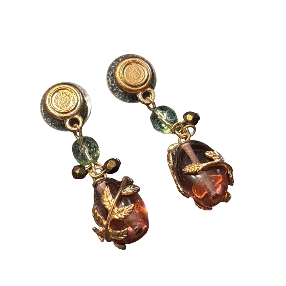 VTG Dangle Drop Earrings Gold Leaf Wrapped Reddish Purple Bead Green‎ Accent
